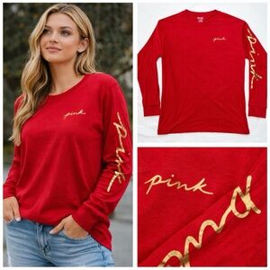 VICTORIA’S SECRET PINK CAMPUS T-SHIRT RED GOLD SCRIPT LONG SLEEVE LOGO LARGE